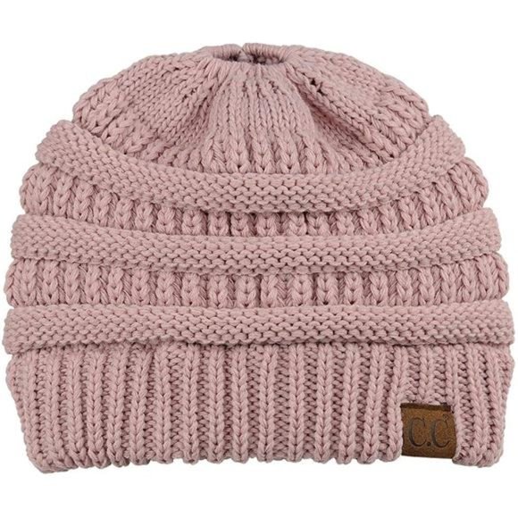 C.C BeanieTail Soft Stretch Cable Knit Messy High Bun Ponytail Beanie Hat